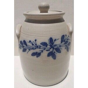 Salmon Falls Pottery Crock W/LID Bean Pot Salt Glaze 9"x7" Blueberry Vine 1999